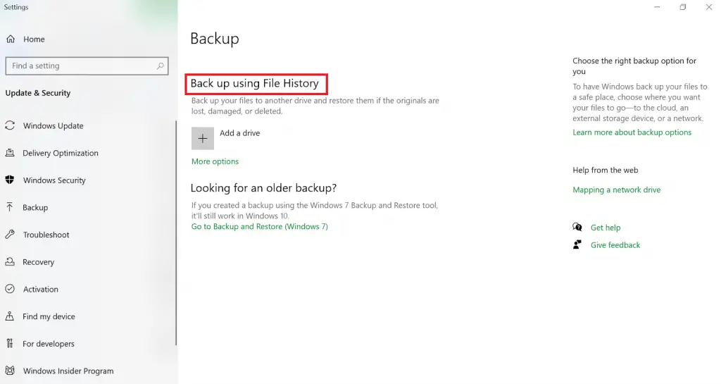configure backup and restore in windows 10